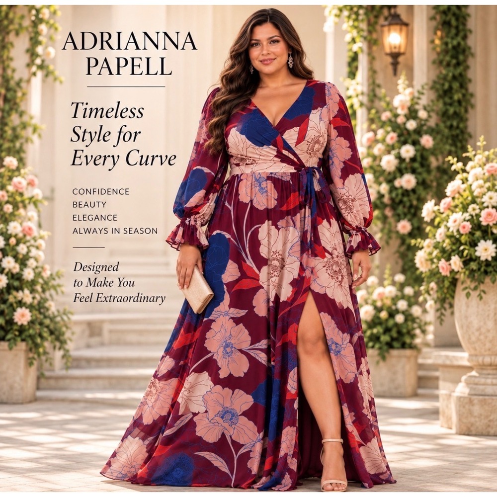 Adrianna Papell Floral Chiffon Surplice Maxi Gown 24W Long Sleeve Formal Dress
